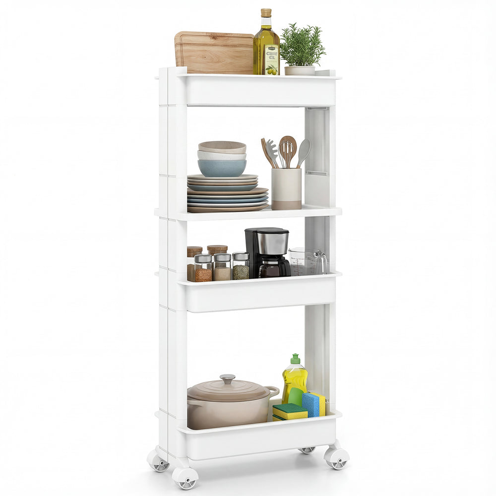 4-tier rolling utility cart with detachable trays, smooth wheels, and a modern design for efficient storage in any room.