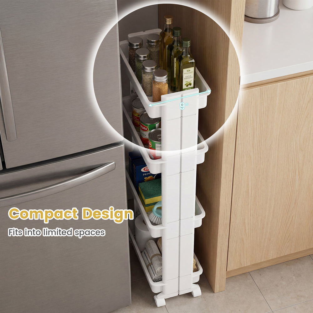 4-tier rolling utility cart with detachable trays, compact design for kitchens and living rooms, featuring smooth.