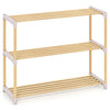 3-tier solid wood shoe rack with slatted open shelves, natural finish, perfect for entryways and closets.