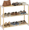 3-tier solid wood shoe rack with slatted open shelves, featuring a natural wood finish, ideal for entryways and closets.