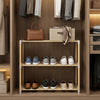 3-tier solid wood shoe rack with slatted open shelves, featuring a natural wood finish, ideal for closets and entryways.