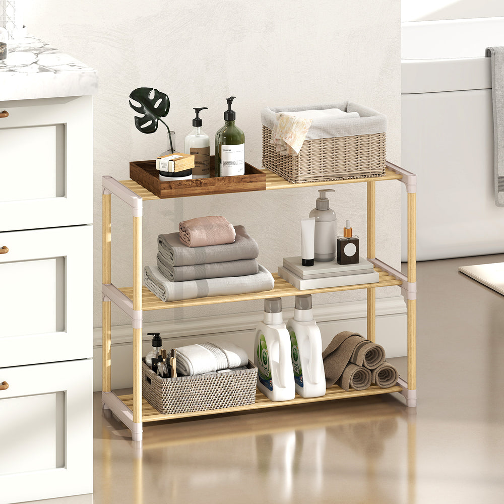 Three-tier solid wood shoe rack with slatted open shelves, featuring a natural wood finish for stylish entryway storage.