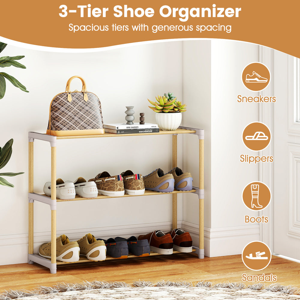 3-tier shoe organizer with natural wood finish, spacious slatted shelves for sneakers, boots, and sandals in entryway.