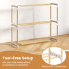 3-tier solid wood shoe rack with slatted open shelves, featuring a natural finish and tool-free setup for easy assembly.