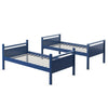 Twin over twin bunk bed in navy, crafted from durable wood, convertible into two individual beds for versatile use.