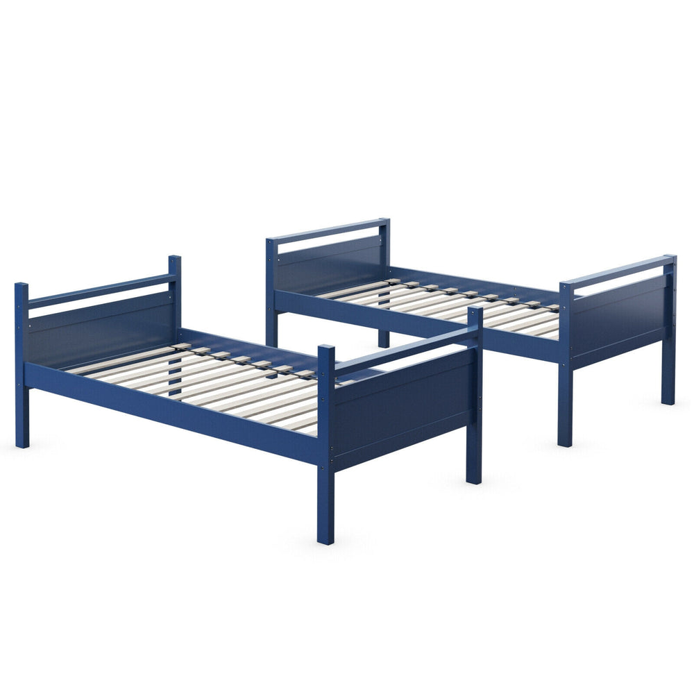 Twin over twin bunk bed in navy, crafted from durable wood, convertible into two individual beds for versatile use.