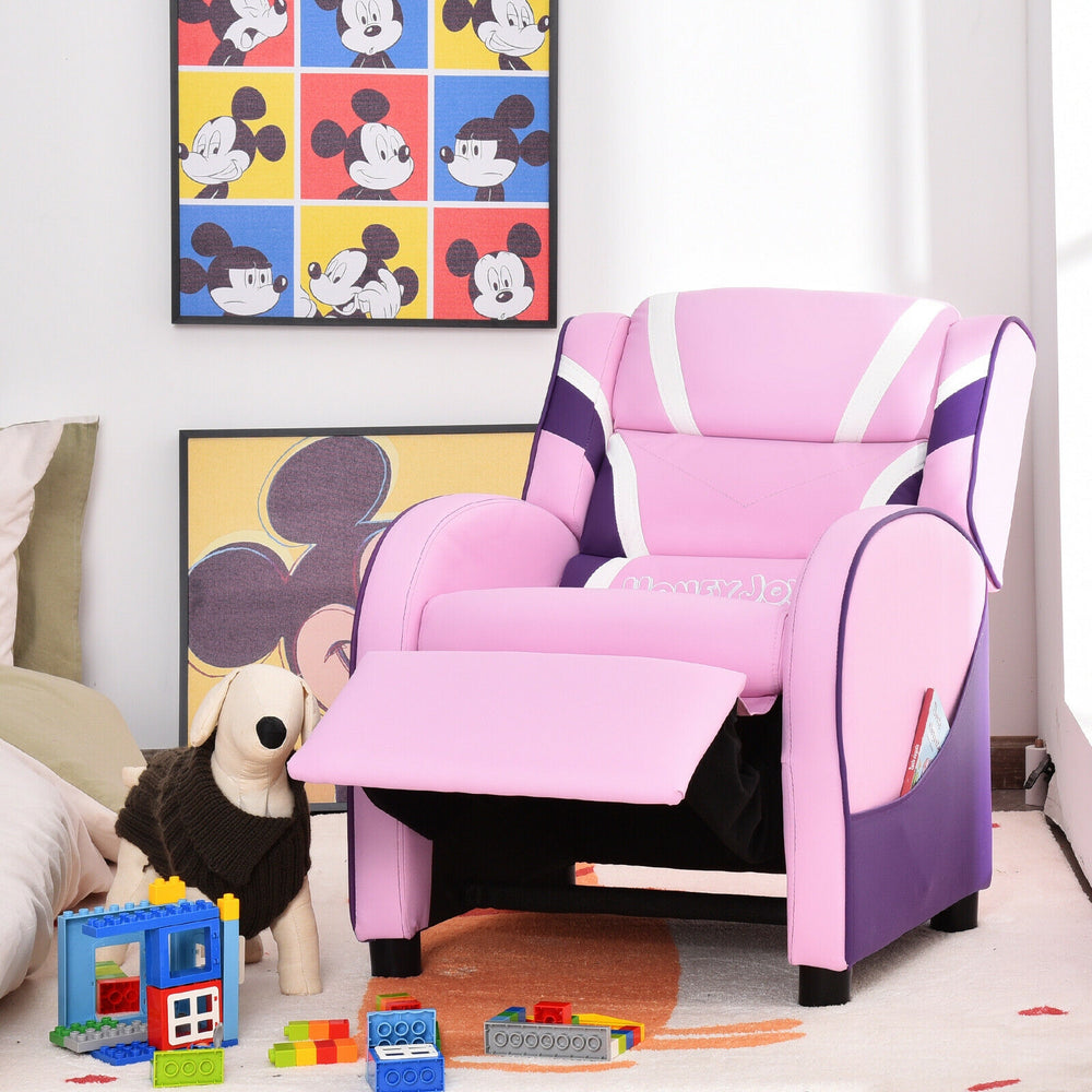Kids leather recliner chair in pink with adjustable footrest and side pockets, perfect for reading or watching TV.