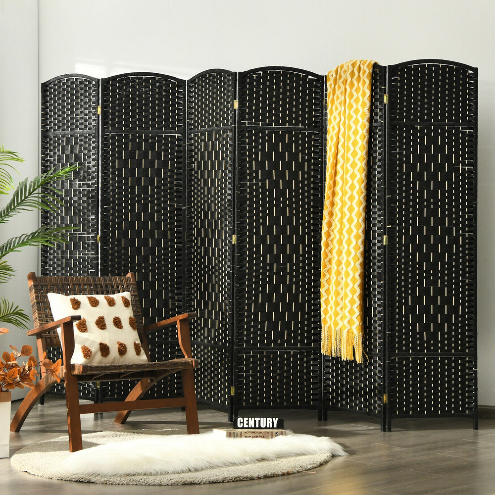 6.5Ft 6-Panel Weave Folding Fiber Room Divider Screen-Black - Gallery View 1 of 12