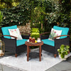 Turquoise patio rattan furniture set with washable cushions and acacia wood tabletop, perfect for outdoor relaxation.