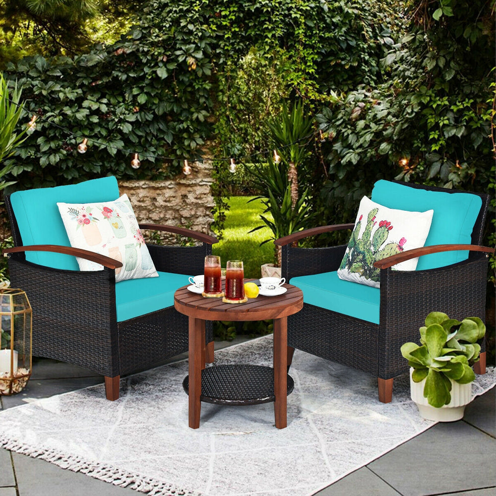Turquoise patio rattan furniture set with washable cushions and acacia wood tabletop, perfect for outdoor relaxation.
