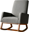 Rocking high back upholstered lounge armchair in gray with solid rubberwood base and side pocket for storage.