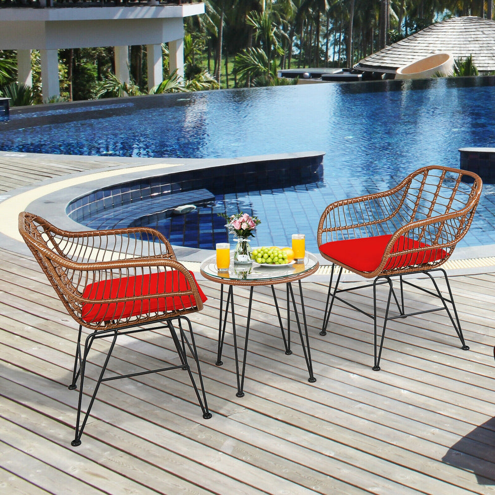 3 Pieces Patio Rattan Bistro Set with Cushion-Red - Gallery View 1 of 12
