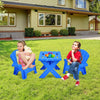 Blue 3-piece plastic children table and chair set with two chairs, perfect for arts, crafts, and playtime activities.
