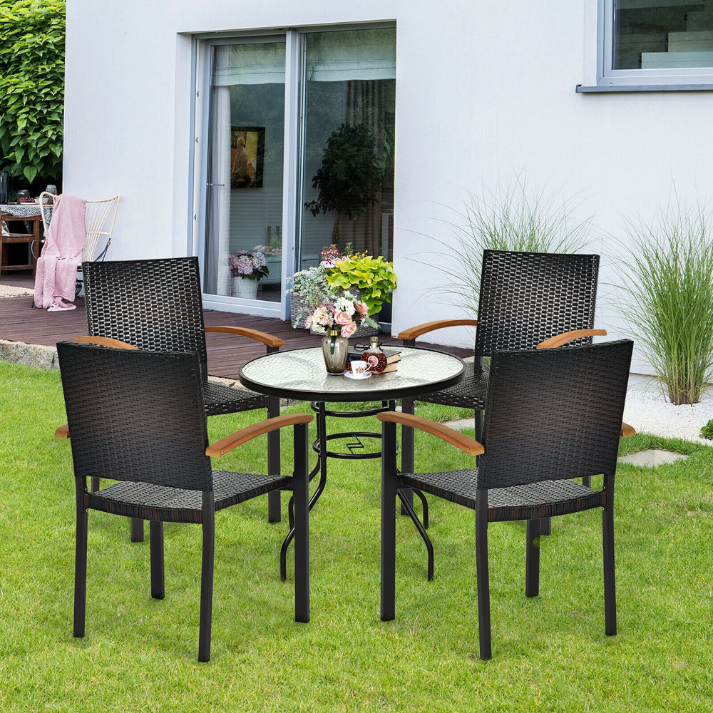 Set of 4 outdoor patio dining chairs with mix-brown PE rattan and powder-coated steel frame, perfect for backyard.
