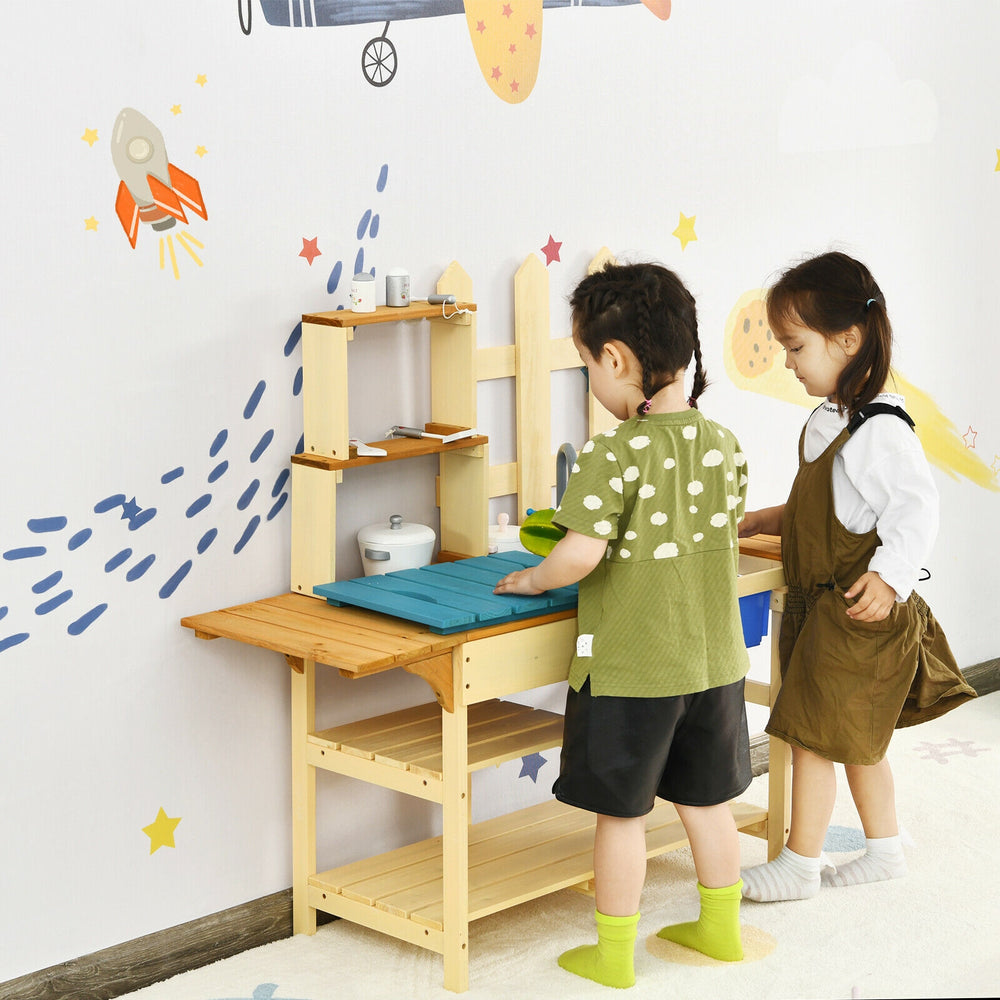 Children playing with the Kid's Outdoor Wooden Pretend Cook Kitchen Playset Toy made of durable fir wood, ideal for.