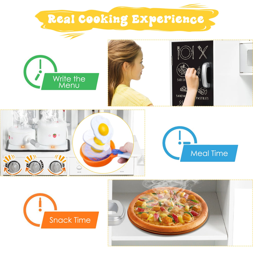 Wooden pretend play kitchen set featuring a stove with lights and sounds, refrigerator, and sink for realistic cooking.