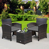 3-piece PE rattan wicker furniture set with gray cushions, including two chairs and a coffee table, ideal for garden.