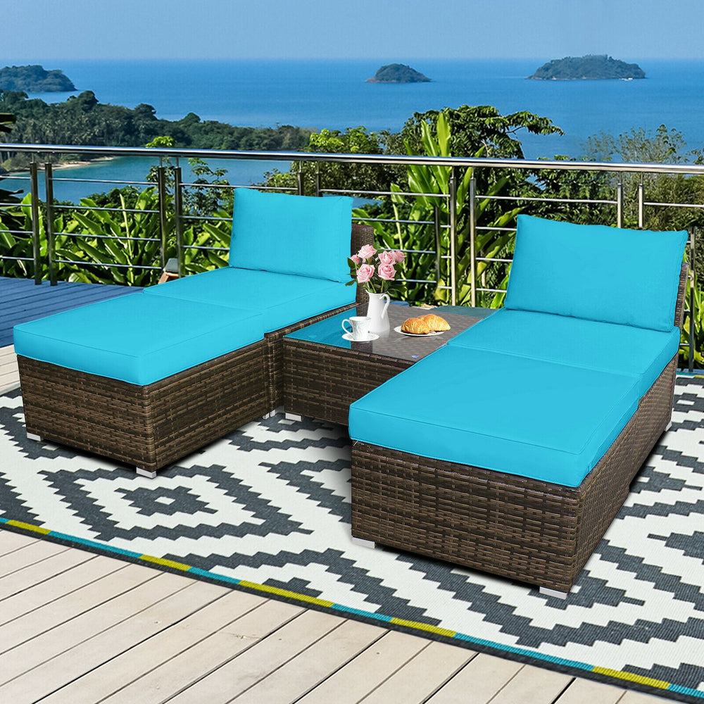 Turquoise cushioned armless sofa set with coffee table, perfect for outdoor patio or poolside relaxation.