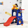 Kids playing on the 6-in-1 freestanding slide with basketball hoop, featuring a smooth, safe slide for indoor fun.