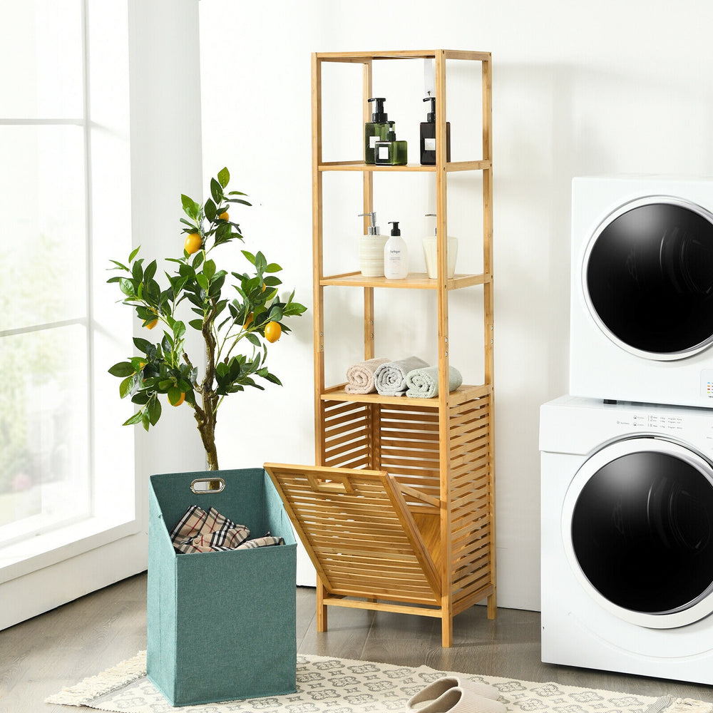 Bamboo tower hamper organizer with a removable oxford hamper for convenient laundry carrying and stylish storage.