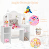 Kids tri-folding mirror vanity table in white with four storage compartments for toys, books, and cosmetics.