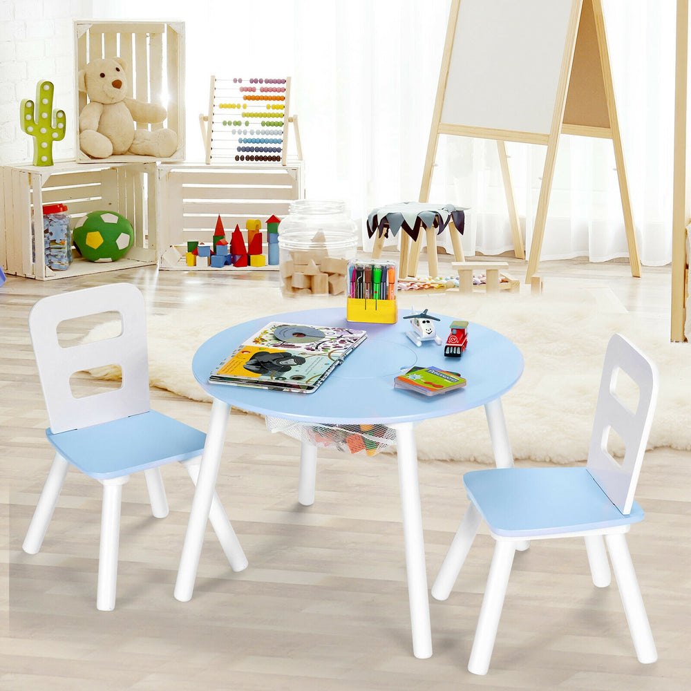 Wood Activity Kids Table and Chair Set with Center Mesh Storage for Snack Time and Homework-Blue - Gallery View 1 of 12