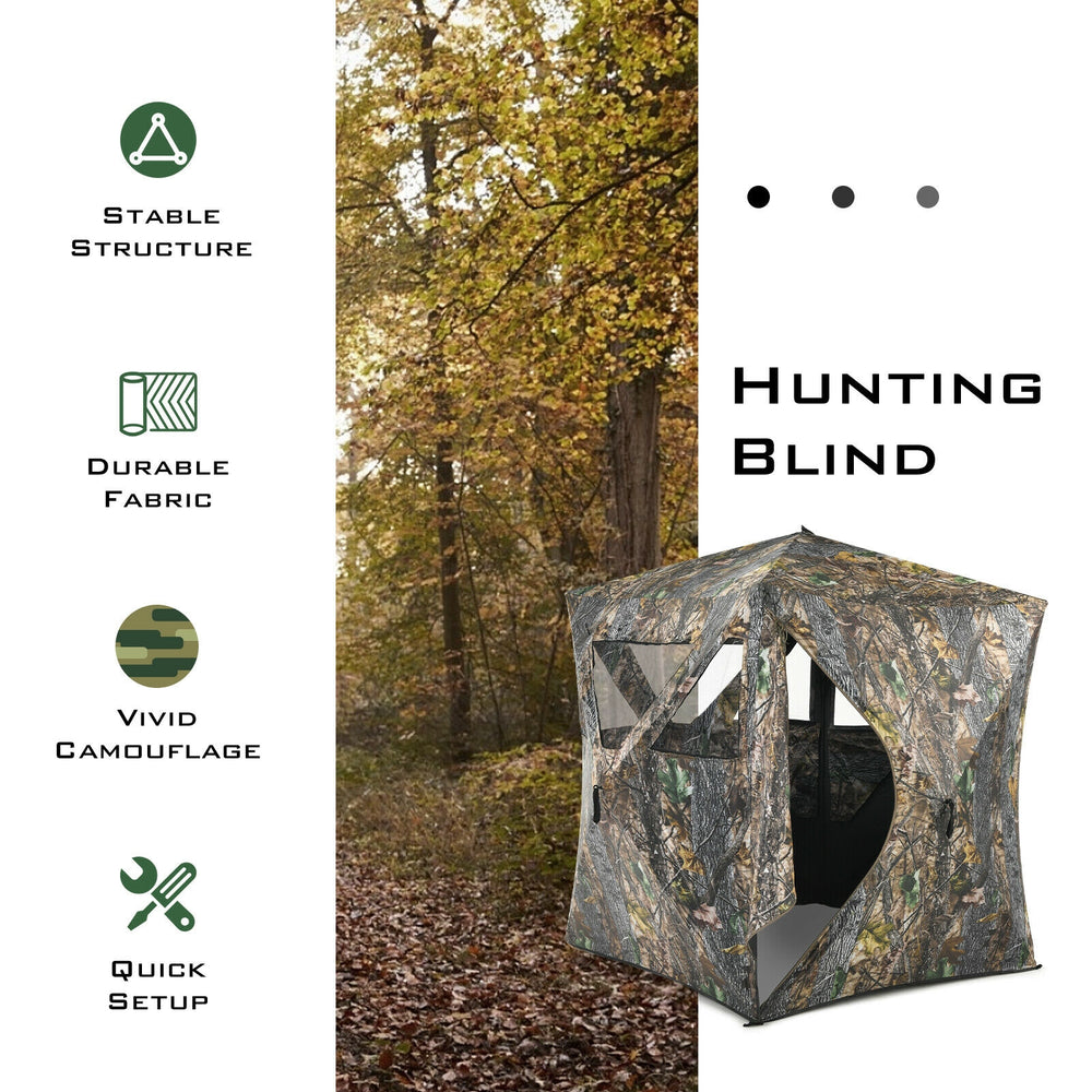 Three-person portable pop-up hunting blind with vivid camouflage, durable fabric, and quick setup for outdoor use.
