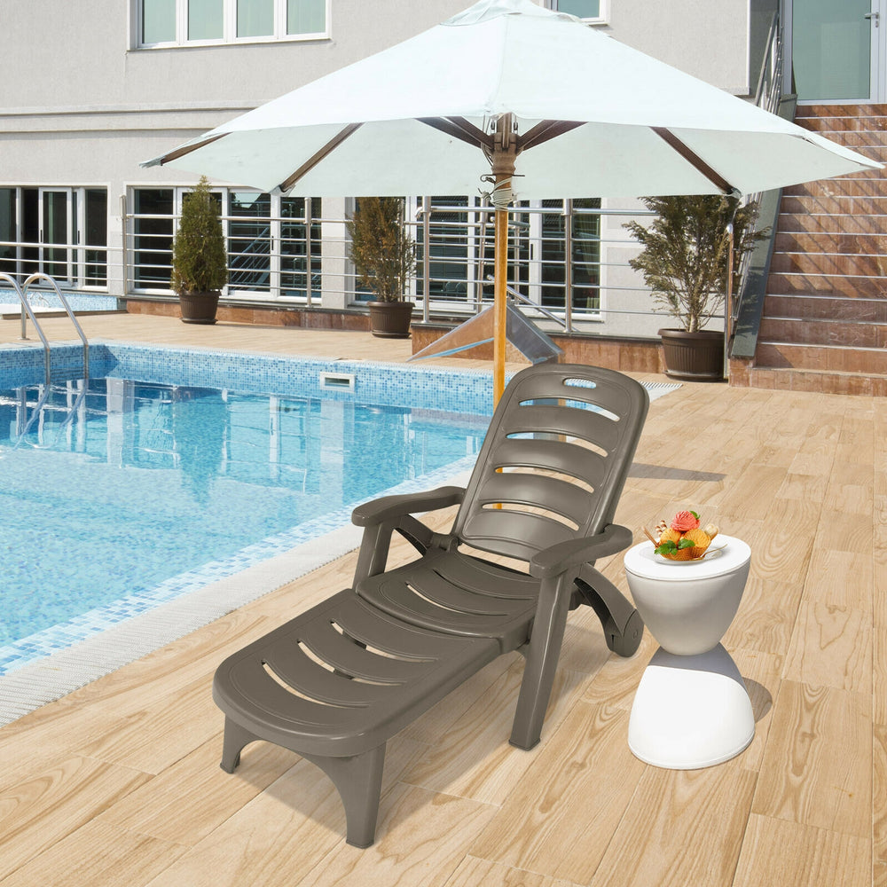5 Position Adjustable Folding Lounger Chaise Chair on Wheels-Brown - Gallery View 1 of 11