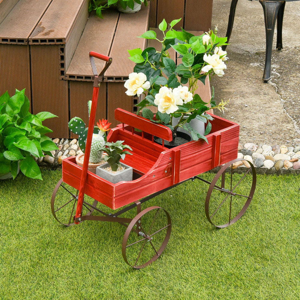 Wooden Wagon Plant Bed With Wheel for Garden Yard-Red - Gallery View 1 of 12