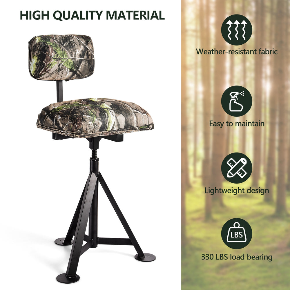 Swivel hunting chair with detachable backrest, sturdy steel frame, and weather-resistant fabric for outdoor use.