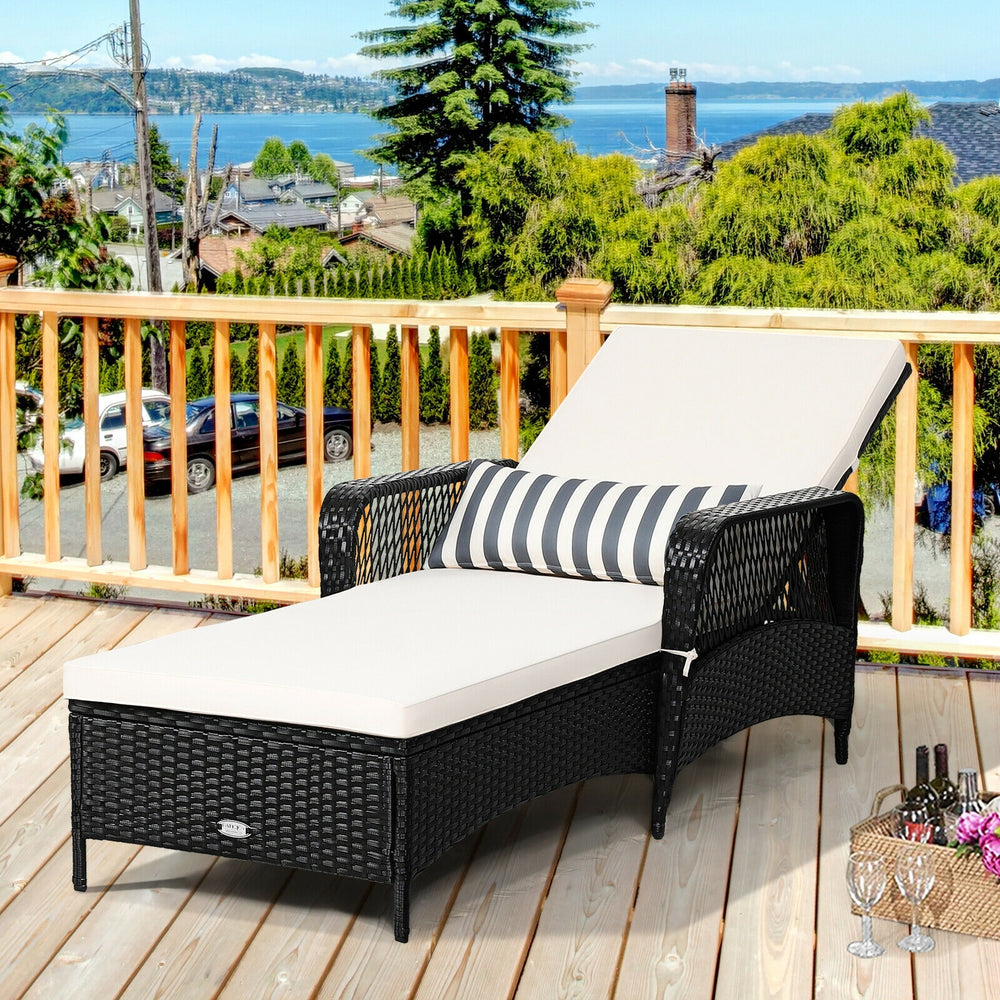 Adjustable PE rattan chaise lounge chair with off-white cushion, perfect for patio or poolside relaxation.