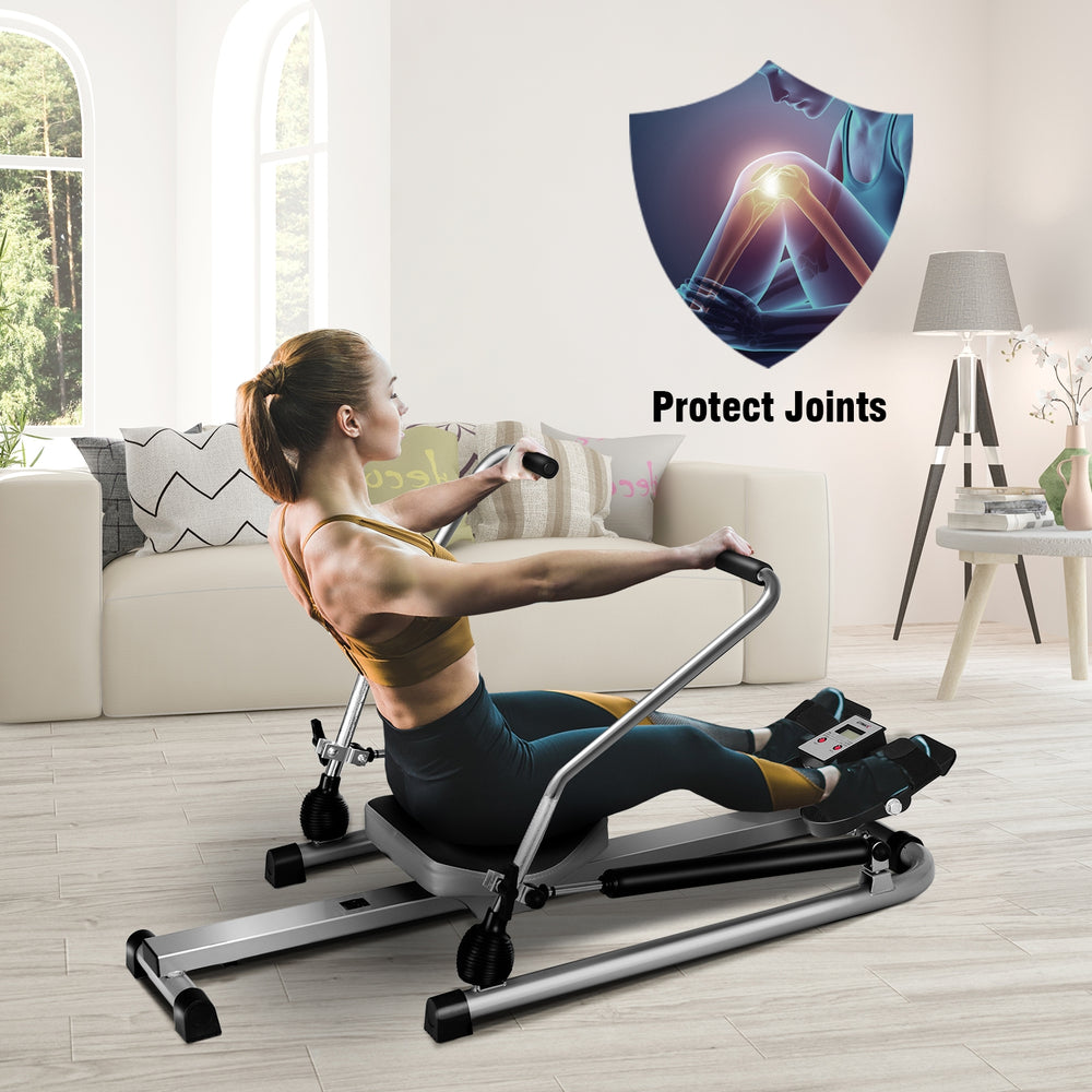 Adjustable double hydraulic resistance rowing machine for full-body workouts, featuring a soft seat and sturdy steel.