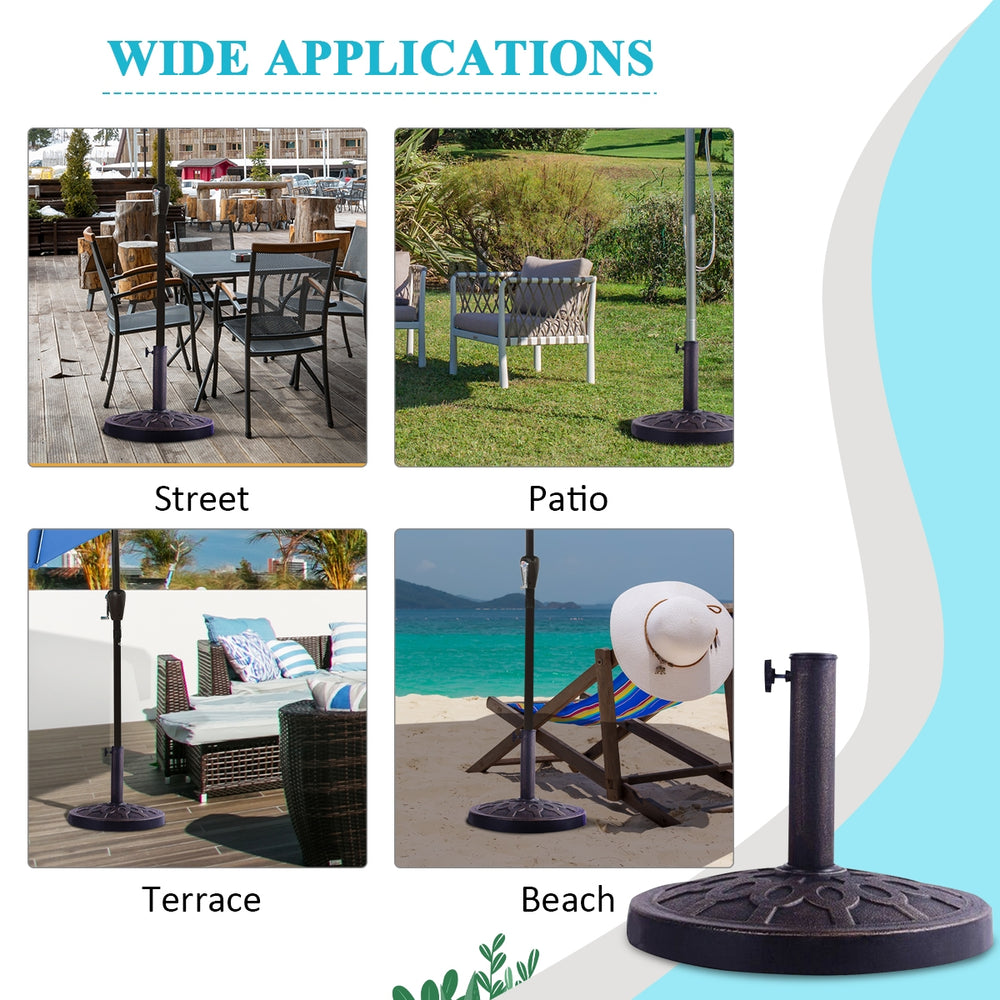 Heavy-duty 30lbs umbrella base with decorative bronze finish, suitable for patio, beach, or terrace use.