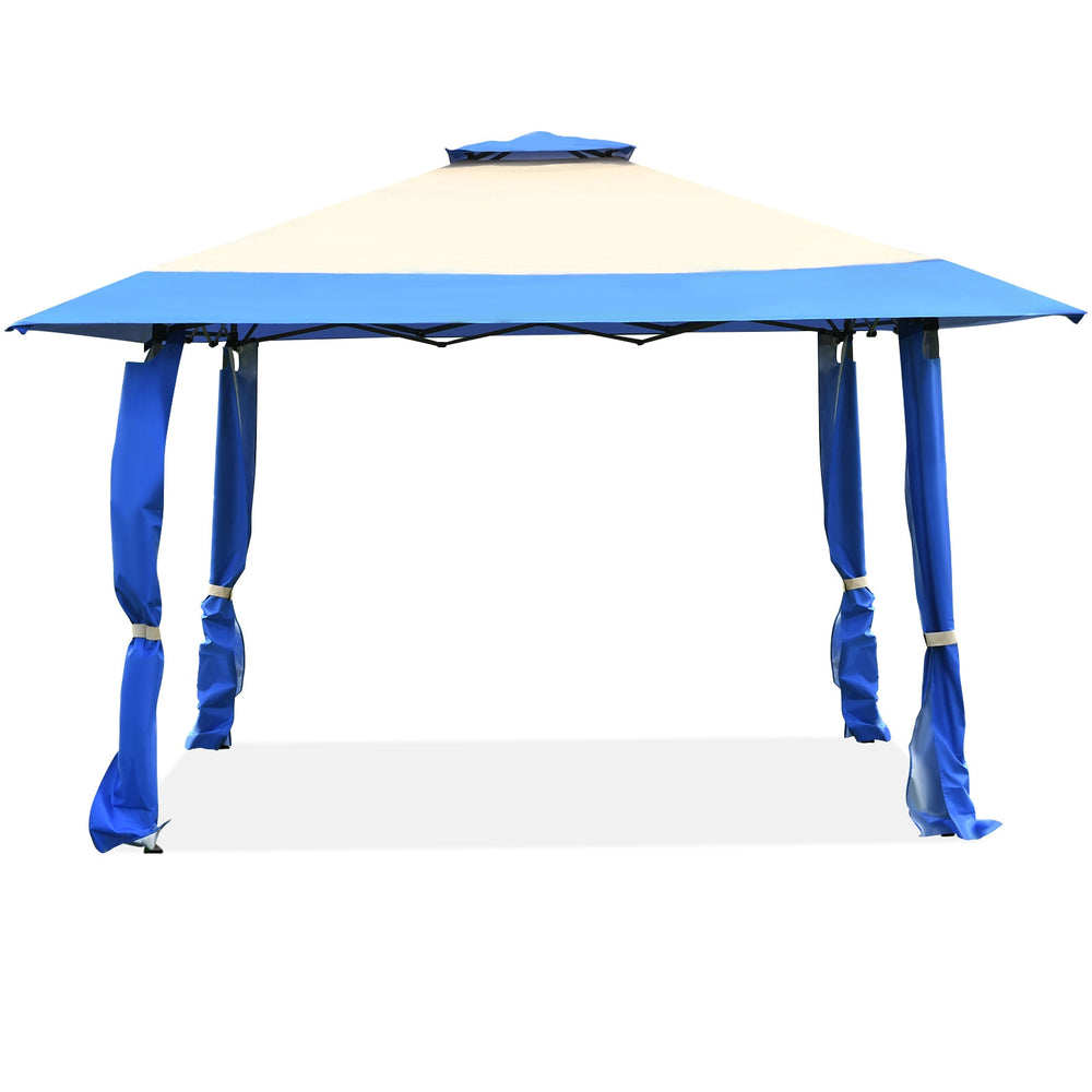 Blue 13x13 feet pop-up canopy tent with double ventilated roof, adjustable heights, ideal for outdoor gatherings and.