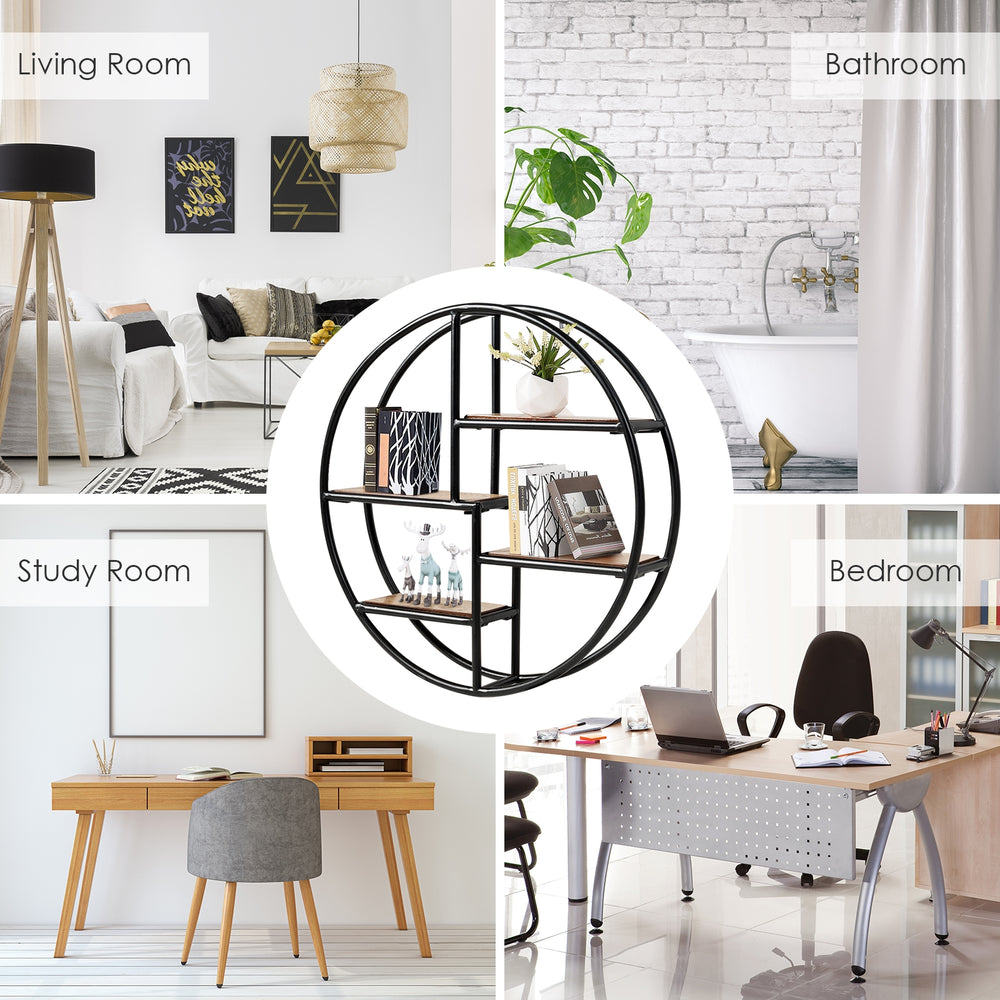 Circular wall-mounted 4-tier rack in black metal, ideal for displaying plants and decor in modern living spaces.