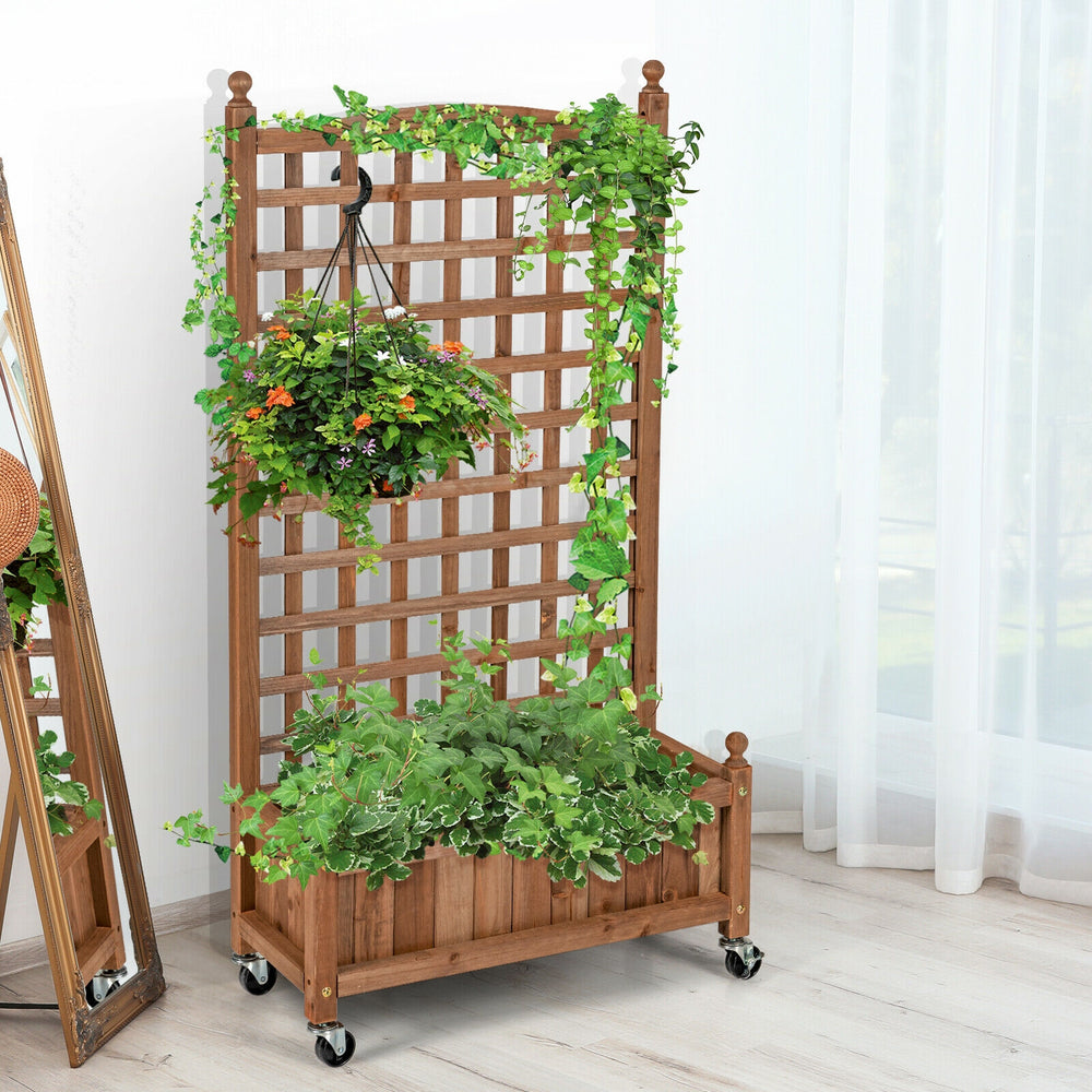 Wood planter box with trellis for climbing plants, made of fir wood, featuring wheels for easy mobility and drainage.