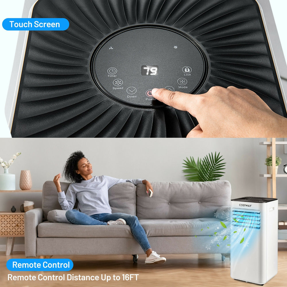 Touch screen controls of the 10000 BTU portable air conditioner with remote control, perfect for versatile cooling.