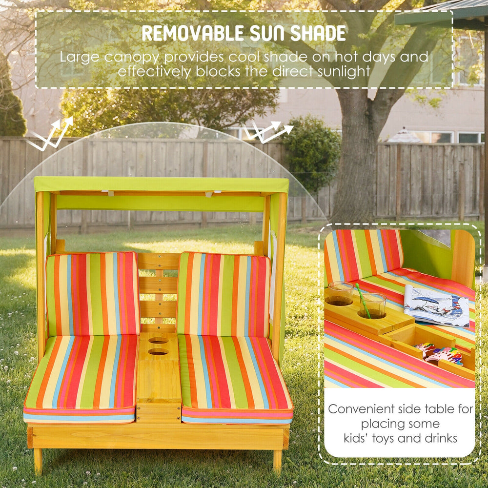 Kids patio lounge chair with removable sun shade, cup holders, and colorful cushions for outdoor play and relaxation.