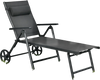 Gray patio lounge chair with wheels, adjustable backrest, and neck pillow, perfect for poolside relaxation.
