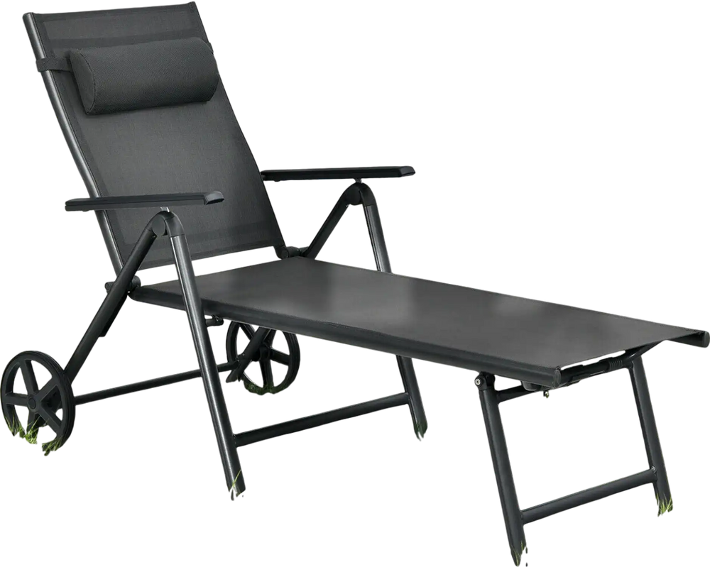 Gray patio lounge chair with wheels, adjustable backrest, and neck pillow, perfect for poolside relaxation.