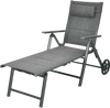 Gray patio reclining chaise lounge with adjustable neck pillow, perfect for outdoor relaxation and sunbathing.