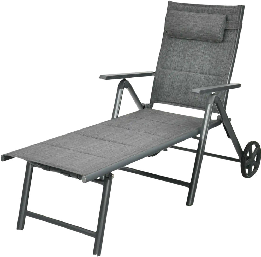 Gray patio reclining chaise lounge with adjustable neck pillow, perfect for outdoor relaxation and sunbathing.