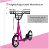Height-adjustable handlebar of the pink kick scooter, suitable for users 8+, with 12" air-filled wheels for smooth.