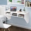 Wall-mounted white computer desk with three storage compartments, perfect for home or office organization.