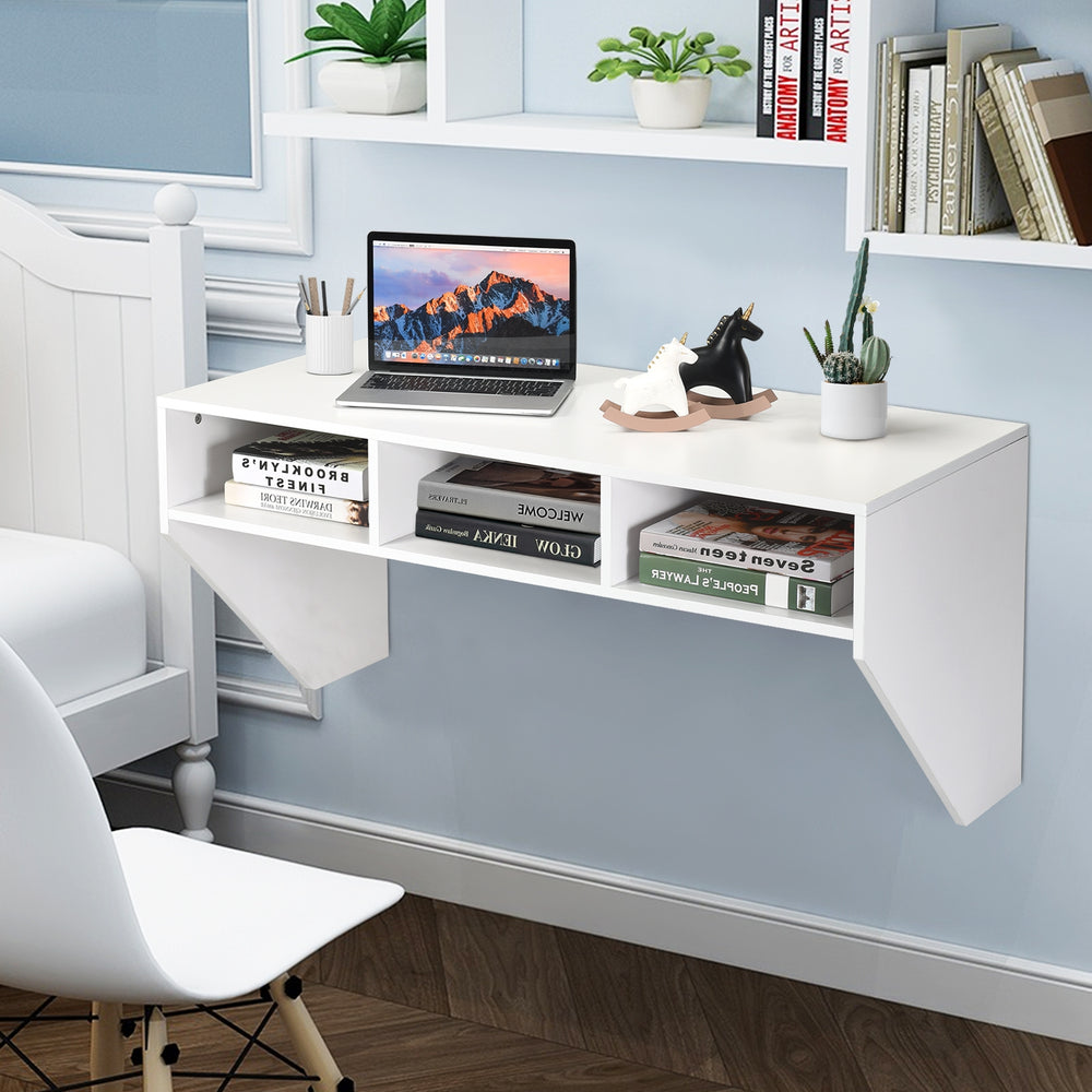 Wall-mounted white computer desk with three storage compartments, perfect for home or office organization.