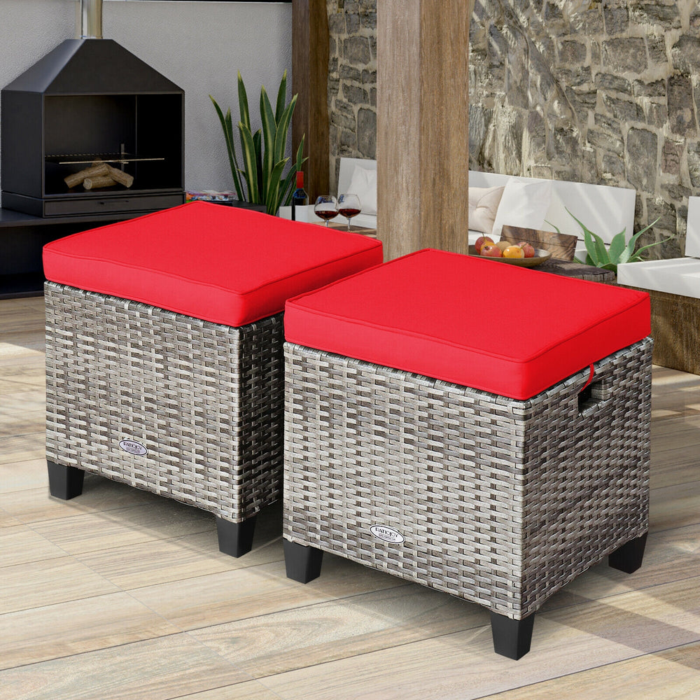 Two-piece patio rattan wicker ottomans with red removable cushions, ideal for outdoor use in garden or poolside.
