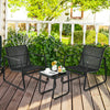 3-piece black patio bistro set featuring ergonomic chairs and a glass top table, perfect for outdoor relaxation.