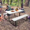White picnic table bench set made of HDPE with a natural wood grain finish, ideal for outdoor camping and gatherings.