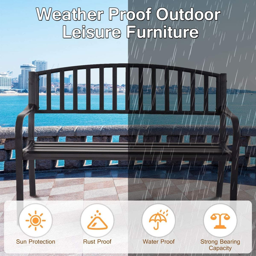 50-inch patio garden bench with solid steel frame, ergonomic design, and weatherproof features for outdoor relaxation.