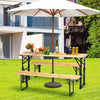 Outdoor wood folding picnic table with adjustable heights, featuring a spacious top and umbrella hole for sun.